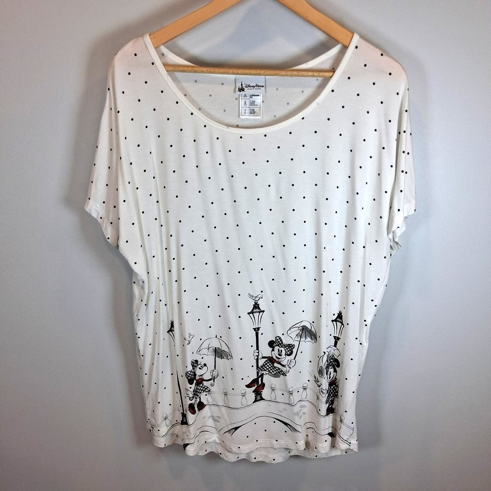 Disney‎ Parks Polka Dot T-Shirt Minnie Mouse Dacing In The Rain Womens Sz L